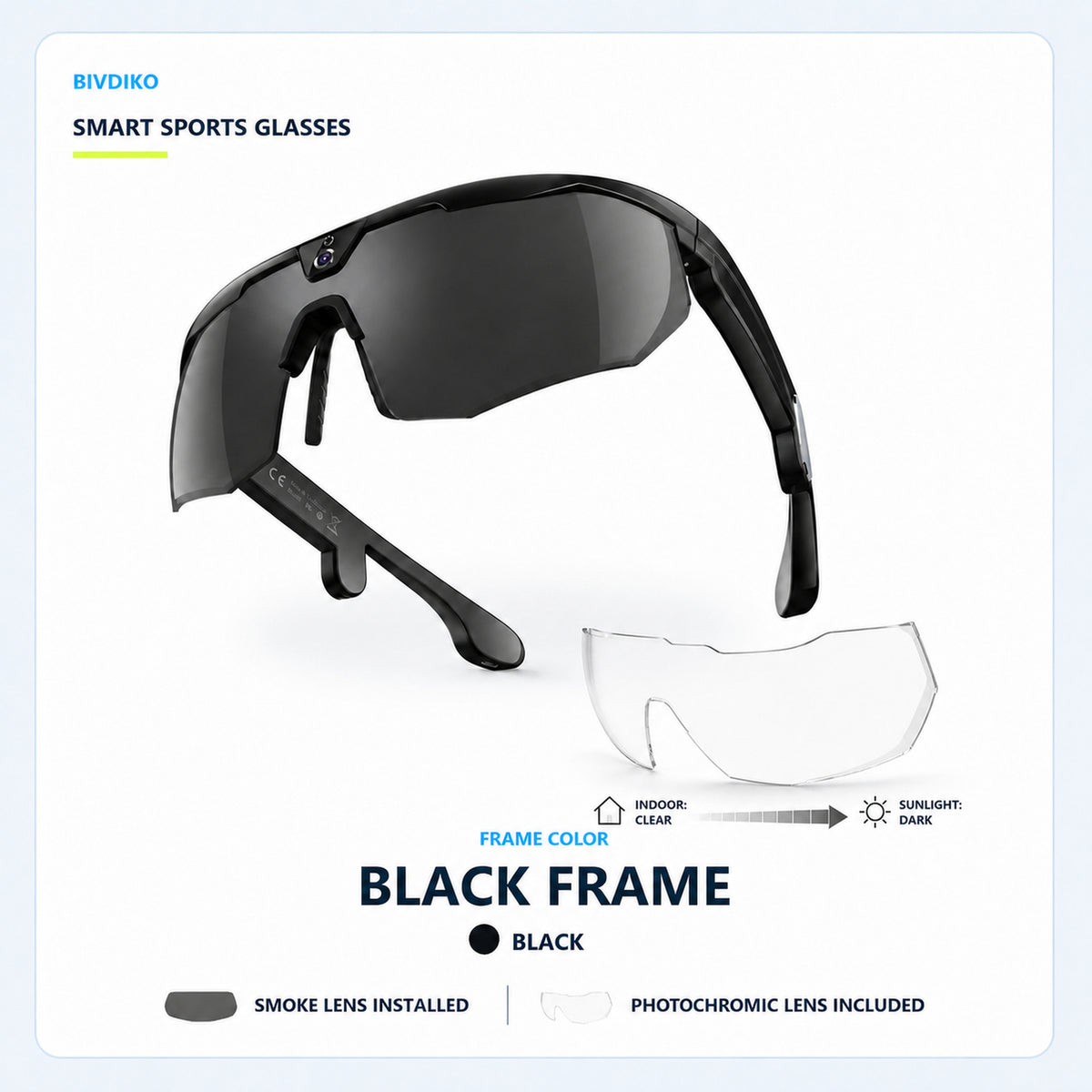 Black-frame BIVDIKO W640 kit with smoke lens and spare photochromic lens