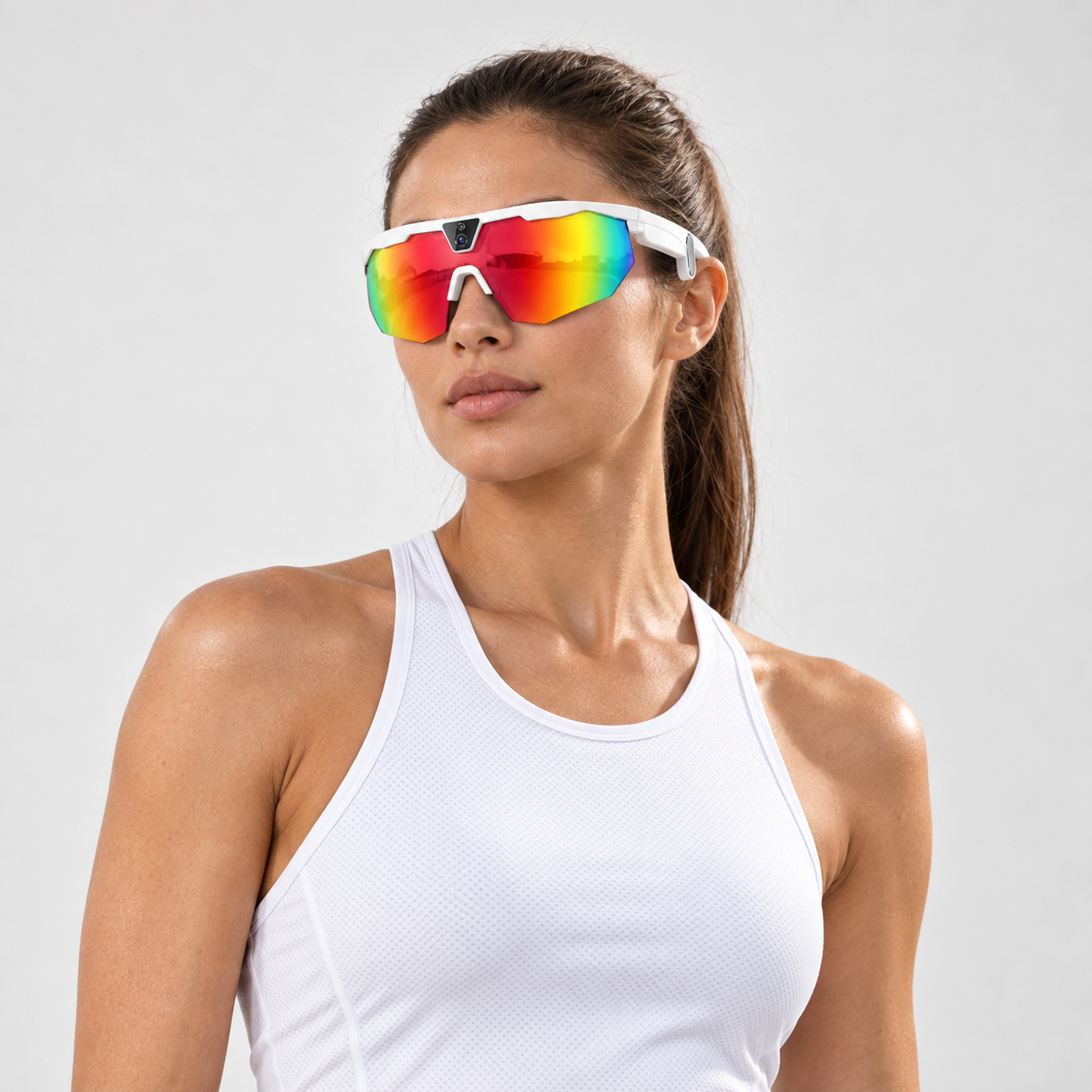 Female athlete wearing white-frame BIVDIKO W640 glasses with rainbow lens