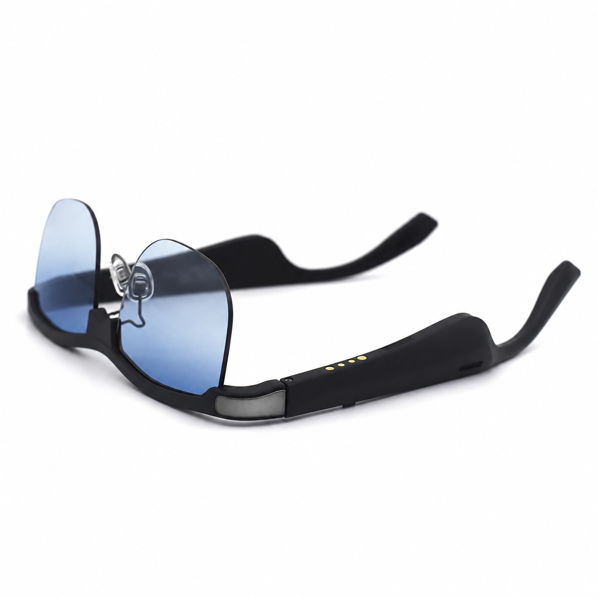 BIVDIKO BIV100 glasses viewed from below, showing nose pads and temple charging contacts