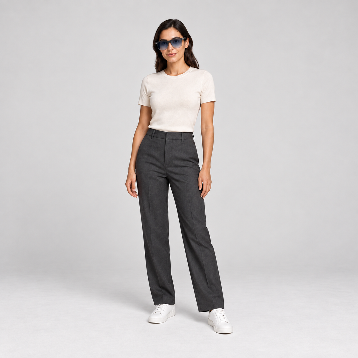 Female model wearing black BIVDIKO BIV100 glasses with blue gradient lenses