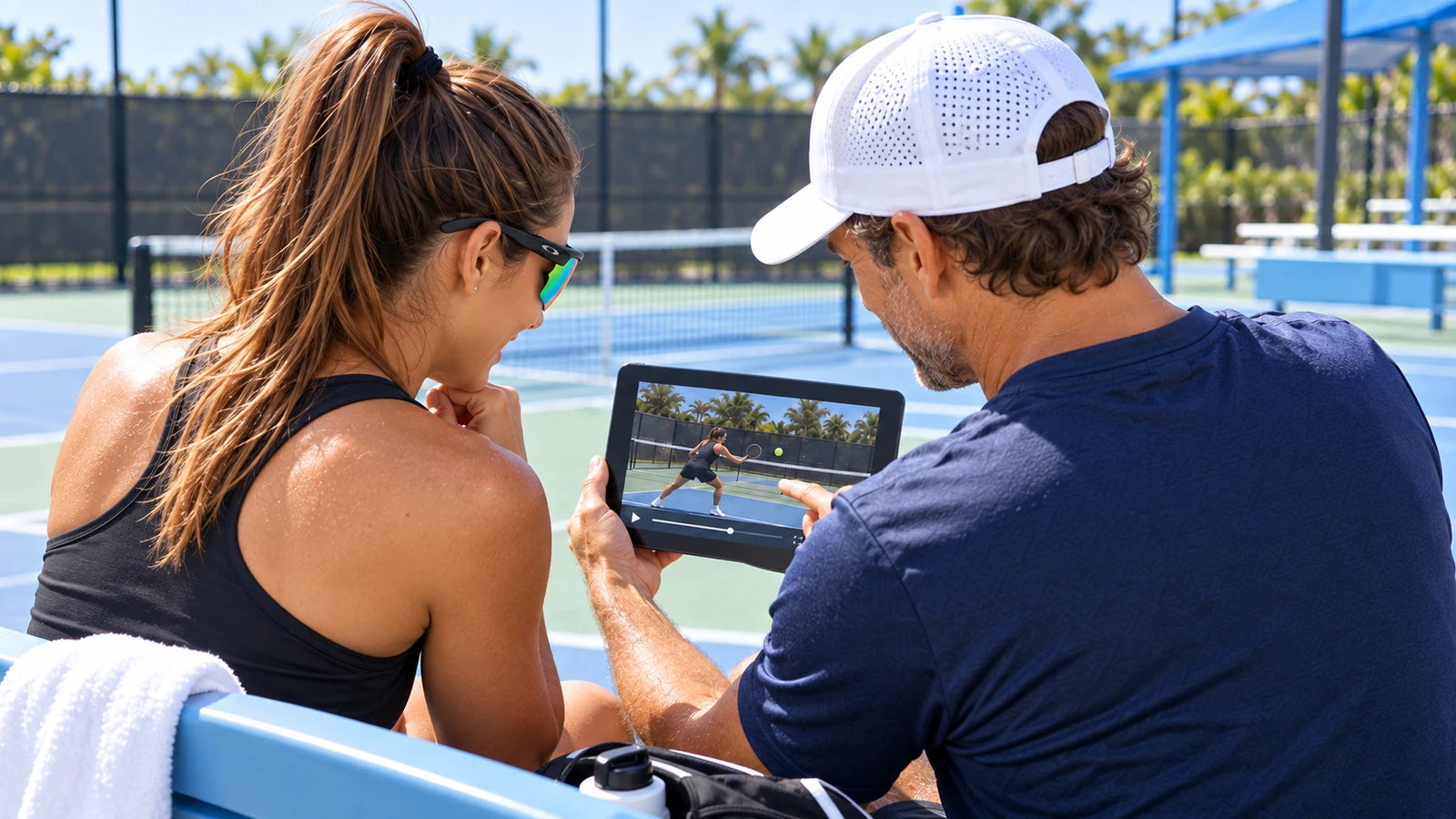Coach and athlete reviewing pickleball video