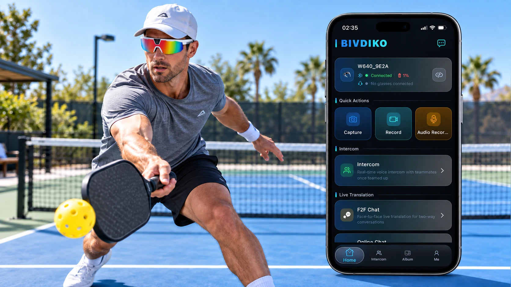 Pickleball athlete wearing BIVDIKO smart sports glasses beside the BIVDIKO App interface