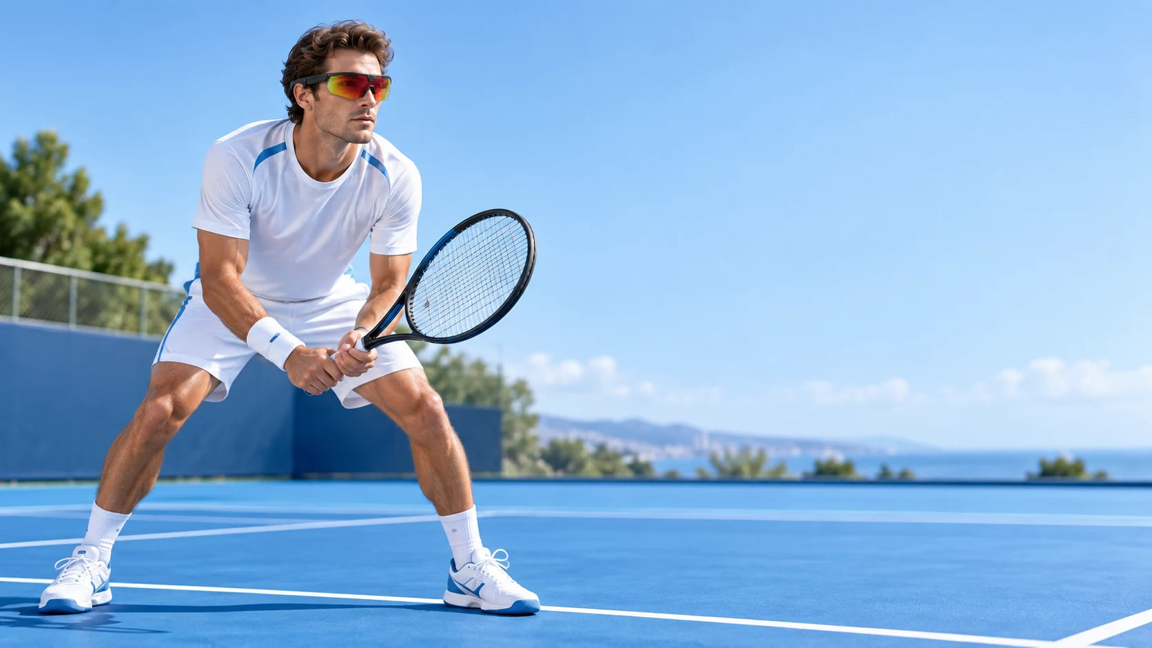 Tennis athlete wearing BIVDIKO smart sports glasses