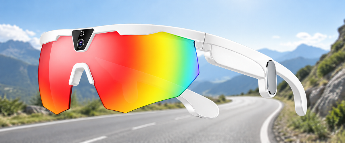 White BIVDIKO sports glasses on a cycling road