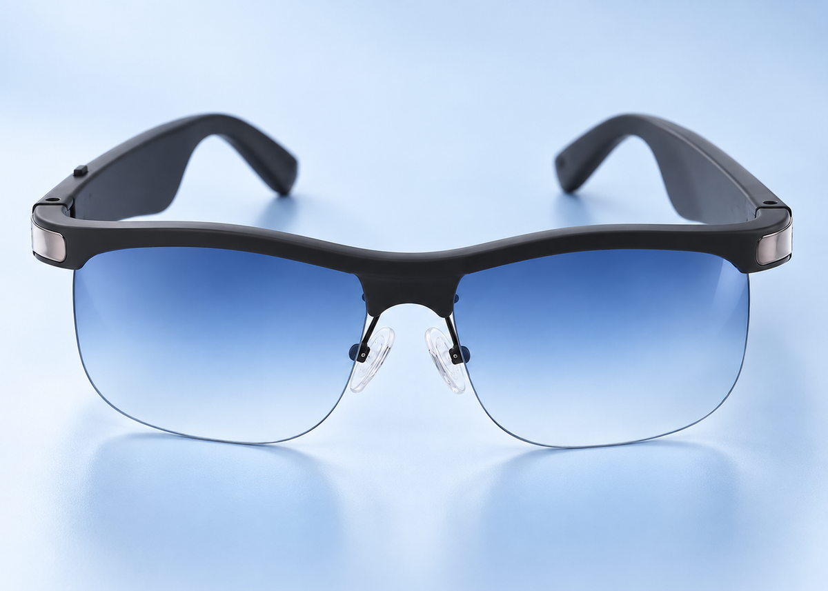 Black-frame BIV100 Bluetooth glasses with gradient blue lenses.