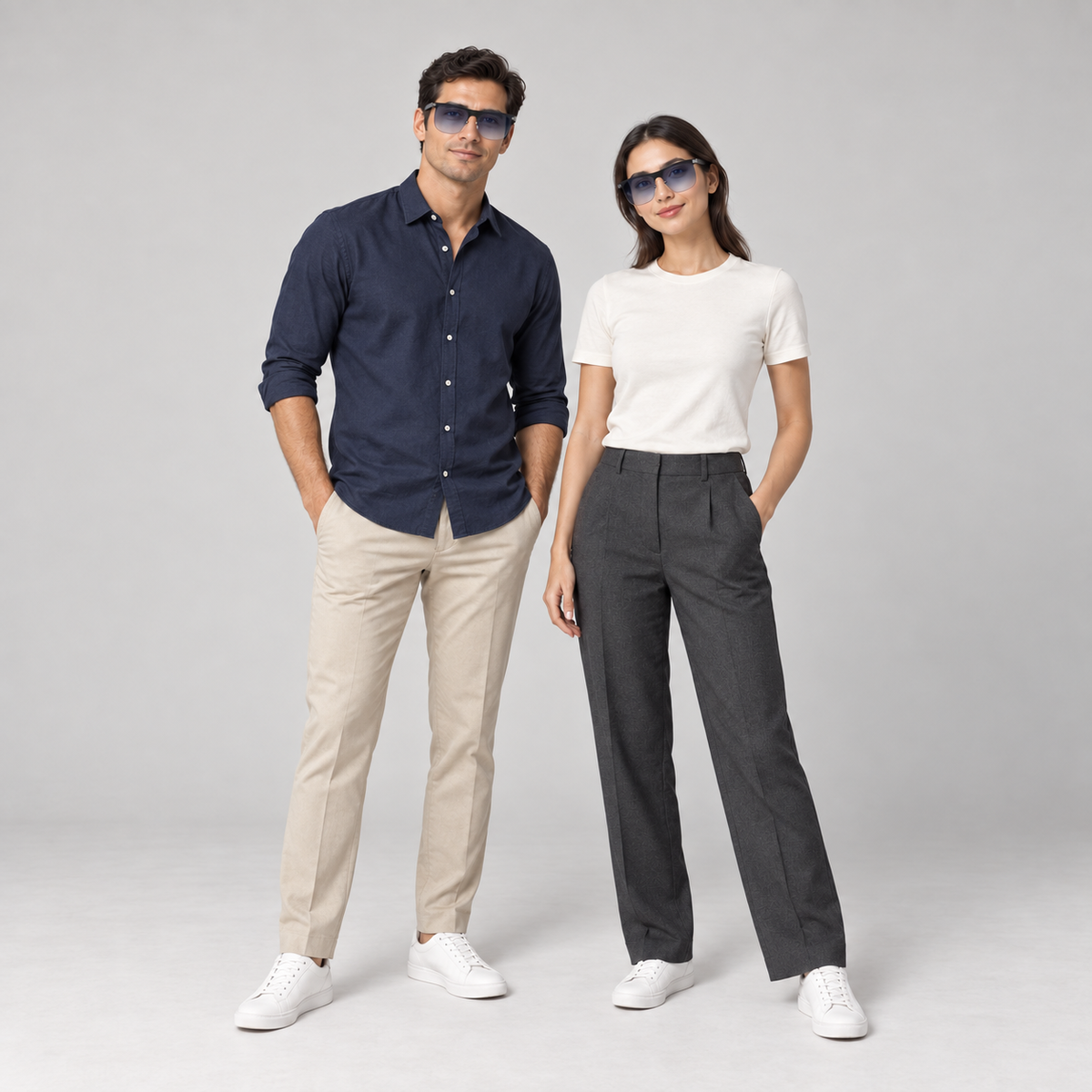 Man and woman wearing BIVDIKO BIV100 Bluetooth audio glasses in a studio