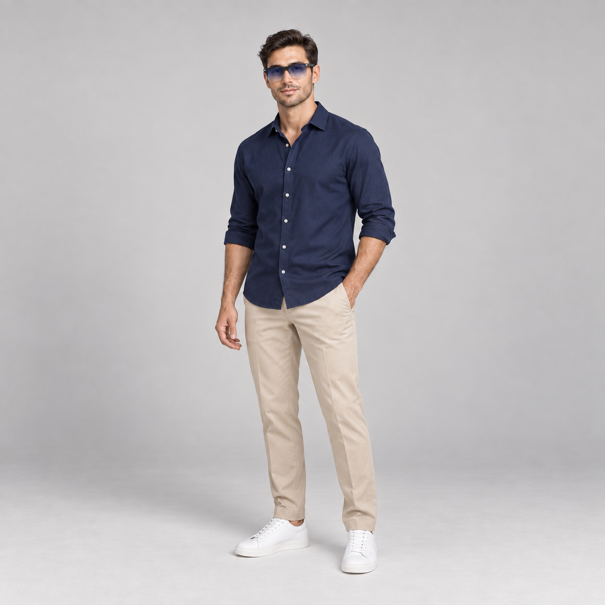 Male model wearing black BIVDIKO BIV100 glasses with blue gradient lenses