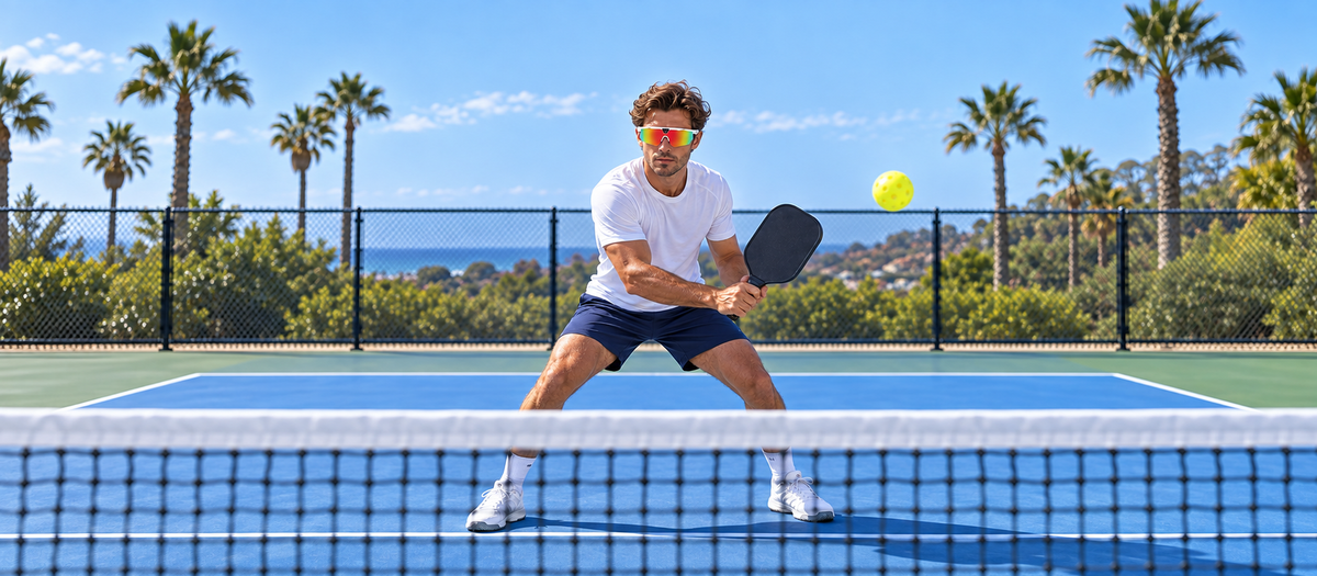 Pickleball athlete wearing BIVDIKO smart sports glasses in daylight