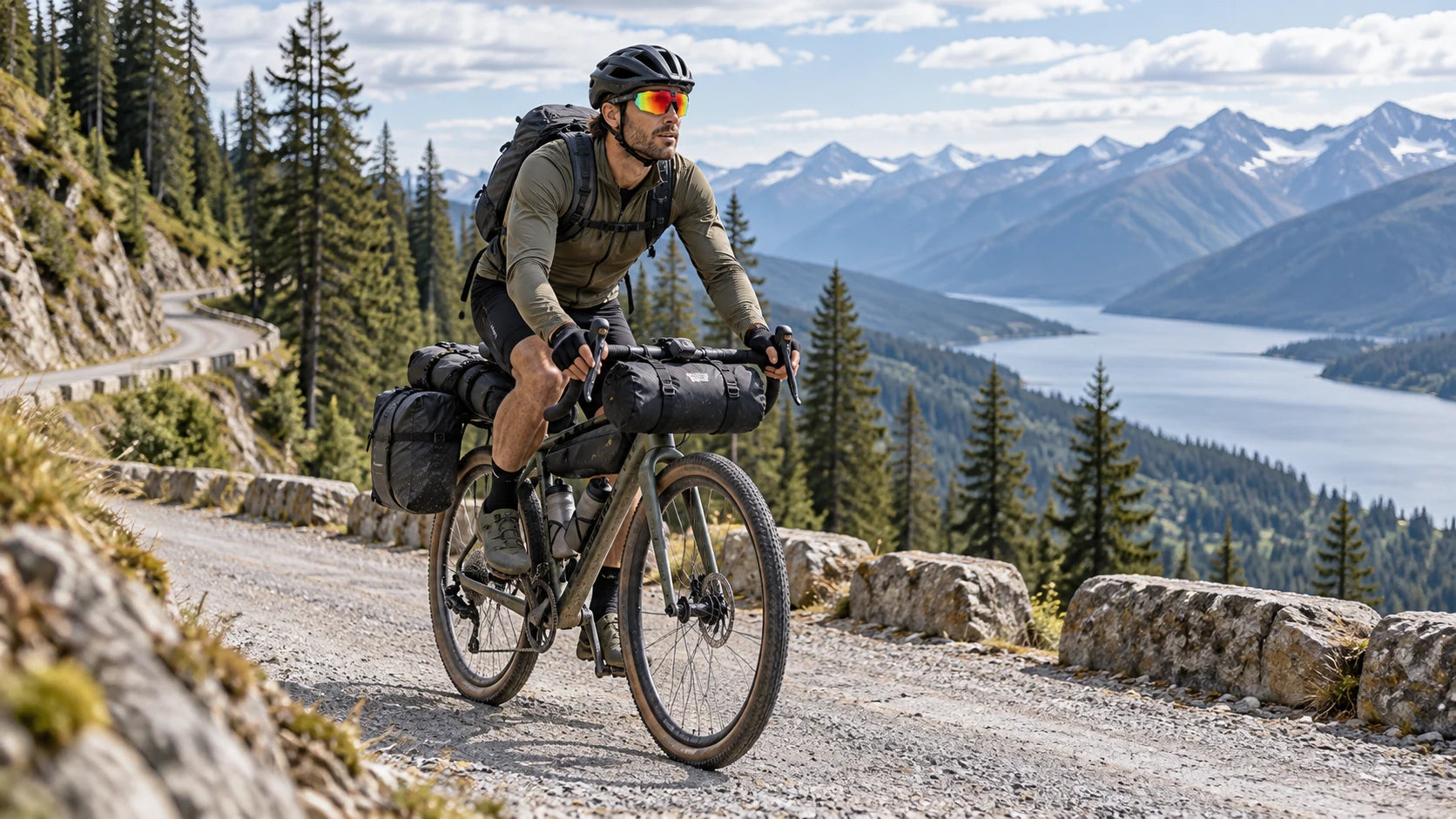 Long-distance cyclist on a scenic mountain road