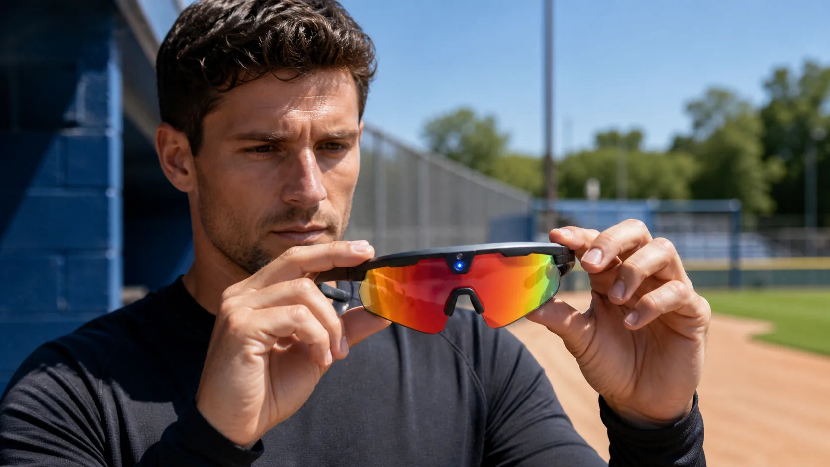 Athlete turning on the BIVDIKO smart sports glasses