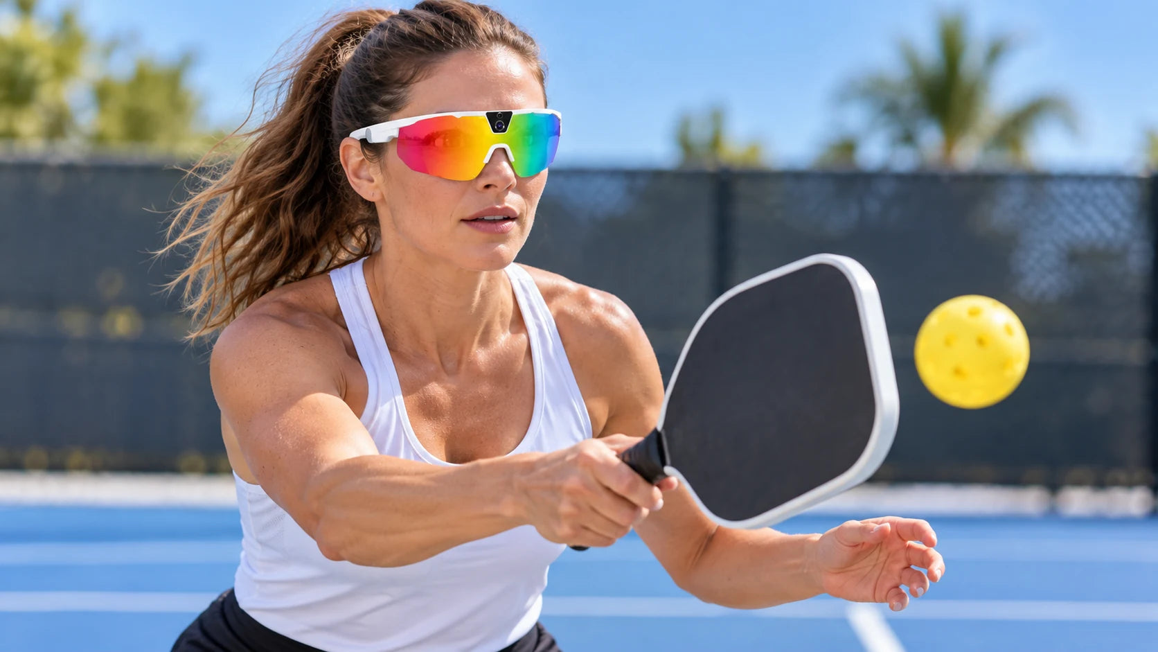 Pickleball player wearing BIVDIKO smart sports glasses