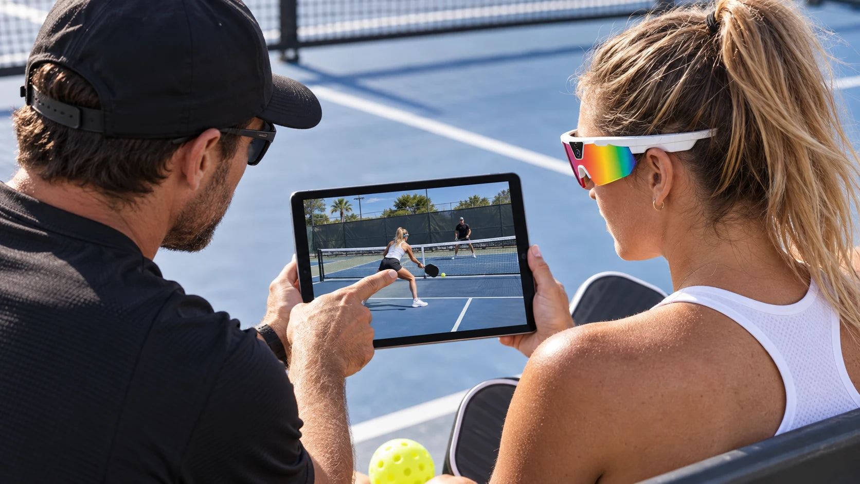 Coach reviewing pickleball movement with an athlete