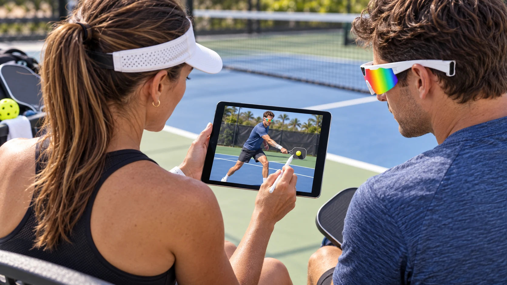 Coach manually reviewing pickleball movement on a tablet