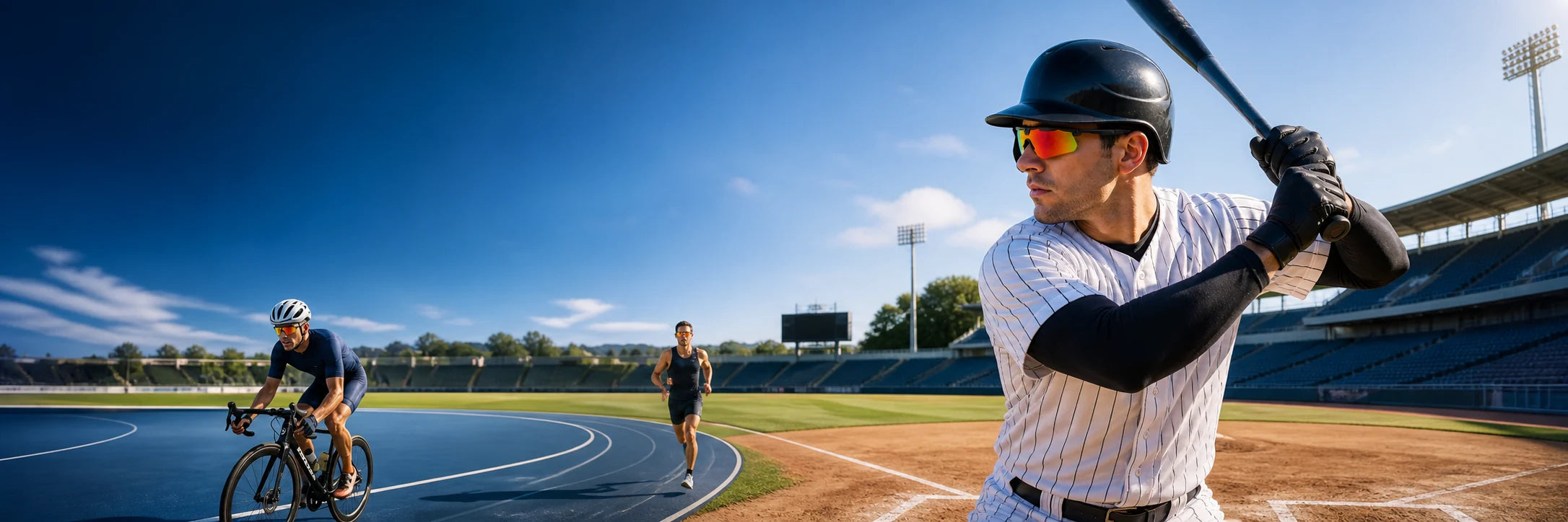 Baseball, cycling and running athletes using BIVDIKO sports glasses in daylight
