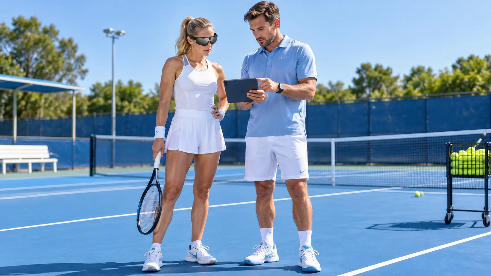 Coach and tennis athlete reviewing training footage