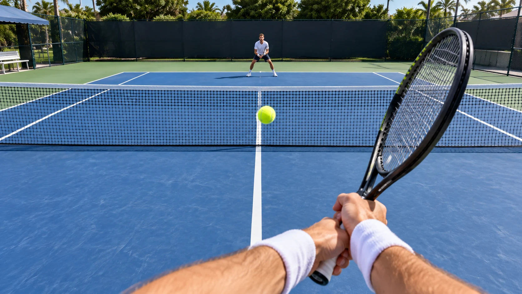 First-person tennis rally view